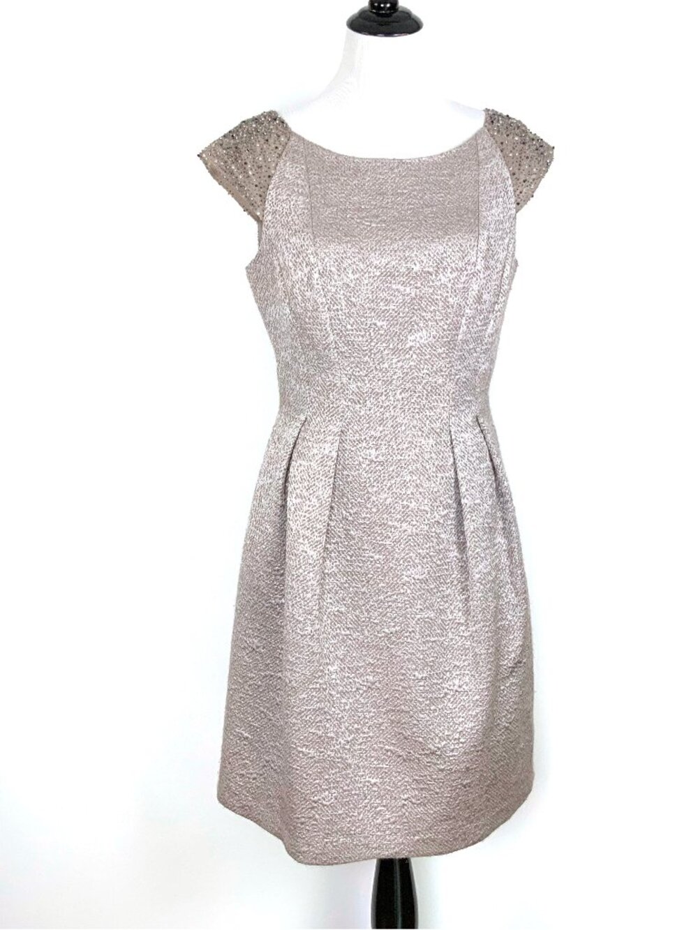 Kay Unger New York Fit & Flare Tan/Silver Jacquard Cocktail Dress Sz 8
